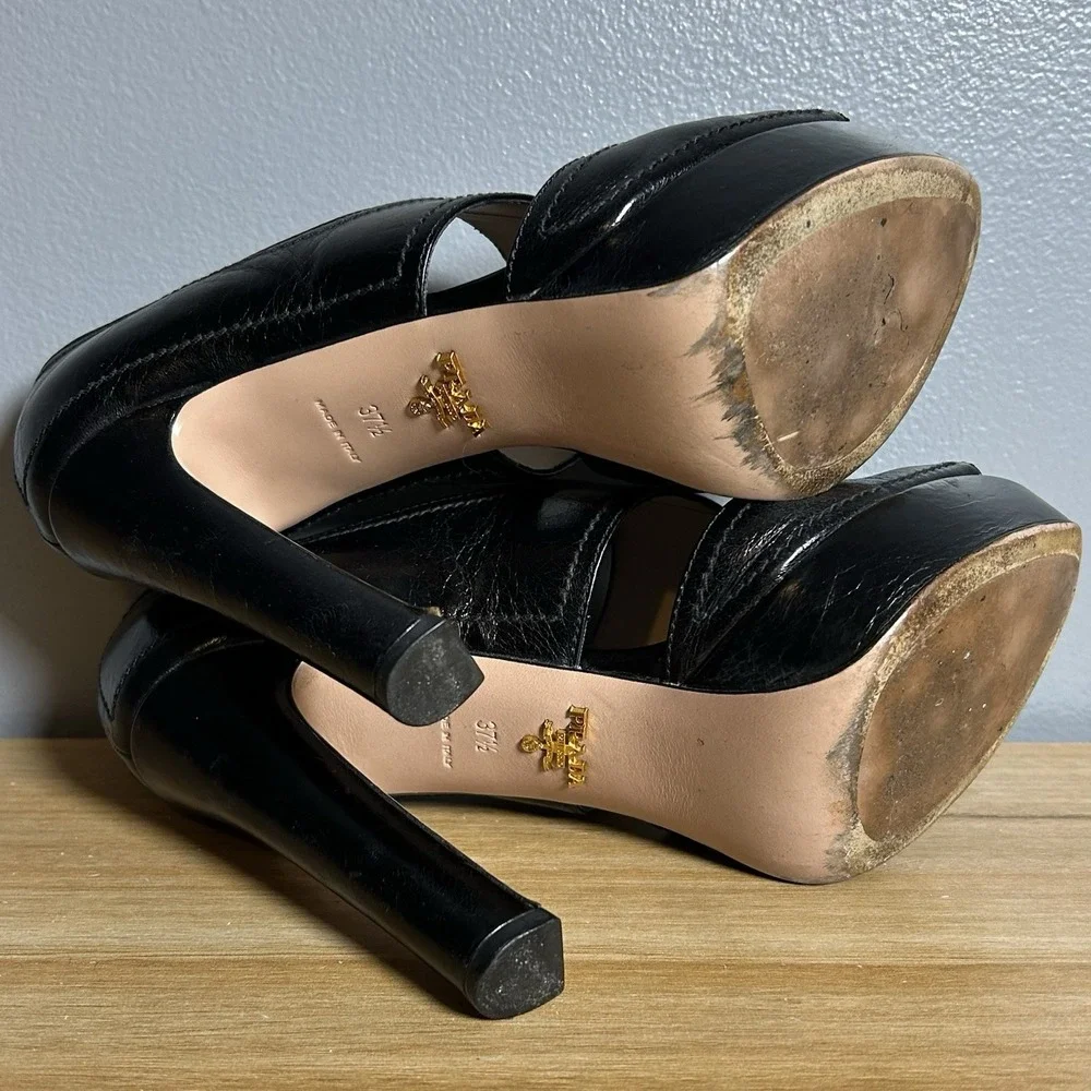 Prada Black Leather Cutout Platform Open Toe Stiletto Pumps